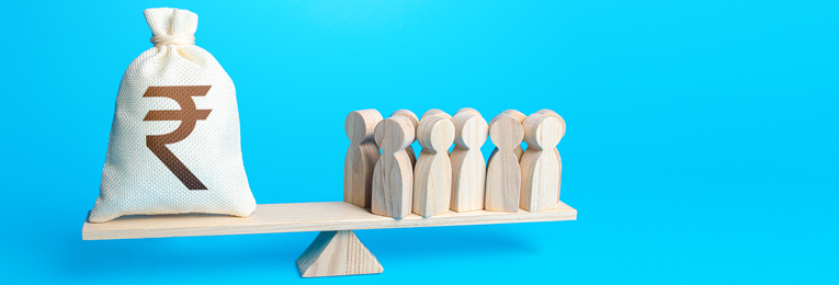 a big money bag on one side and human shaped cubes on another side of a seesaw